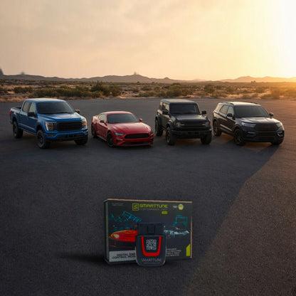 Performance chip with Ford F-150, Mustang, Bronco and Explorer at sunset