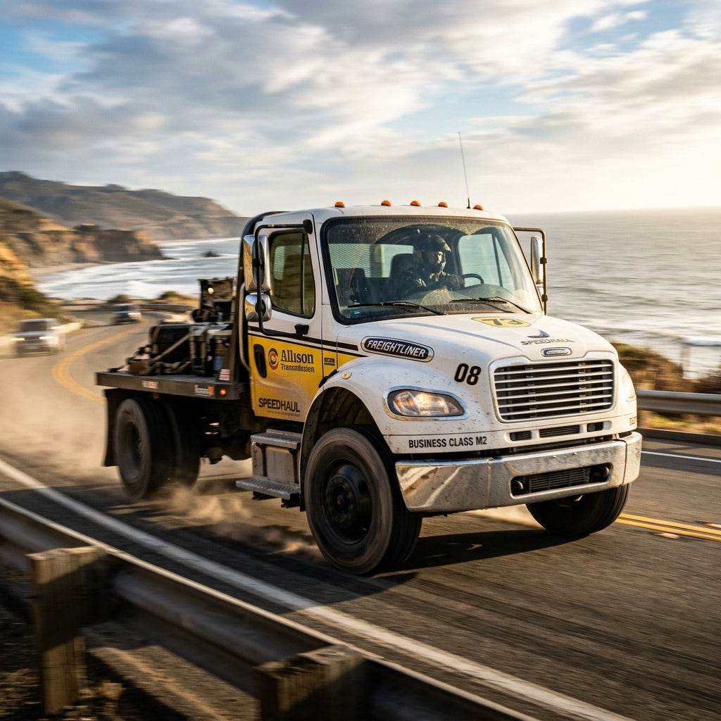 Action Shot: Freightliner Business Class Driving Fast