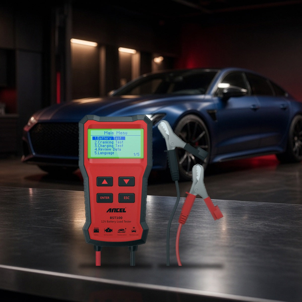 12V Automotive Car Battery Tester 220Ah Charging Cranking Test Analyzer on a garage workbench