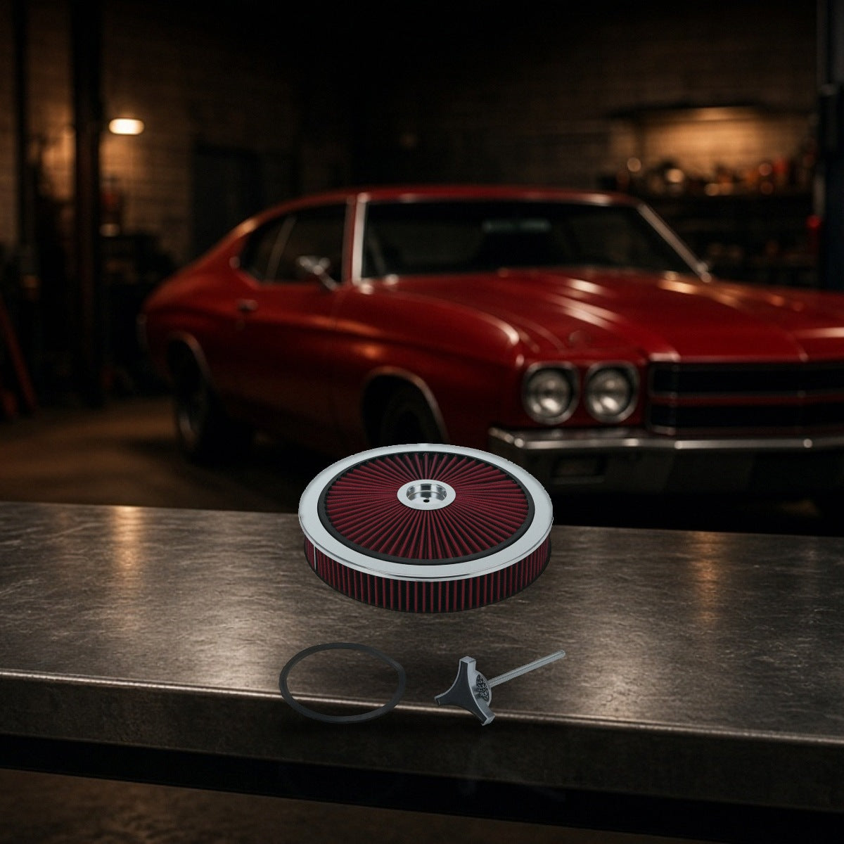 14" x 3" Round Washable Air Cleaner w/ Chrome Lid For SBC BBC 350 on a garage workbench