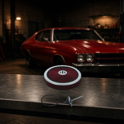 14" x 3" Round Washable Air Cleaner w/ Chrome Lid For SBC BBC 350 on a garage workbench