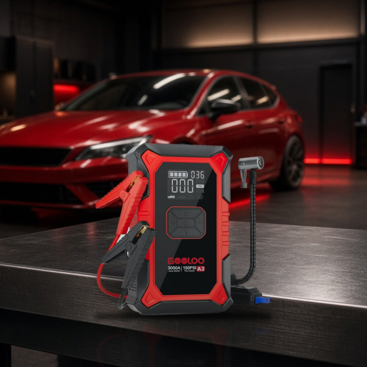 Portable Jump Starter & Air Compressor 3000A 12V Car Truck Gas Diesel Battery Charger & Booster on a garage workbench