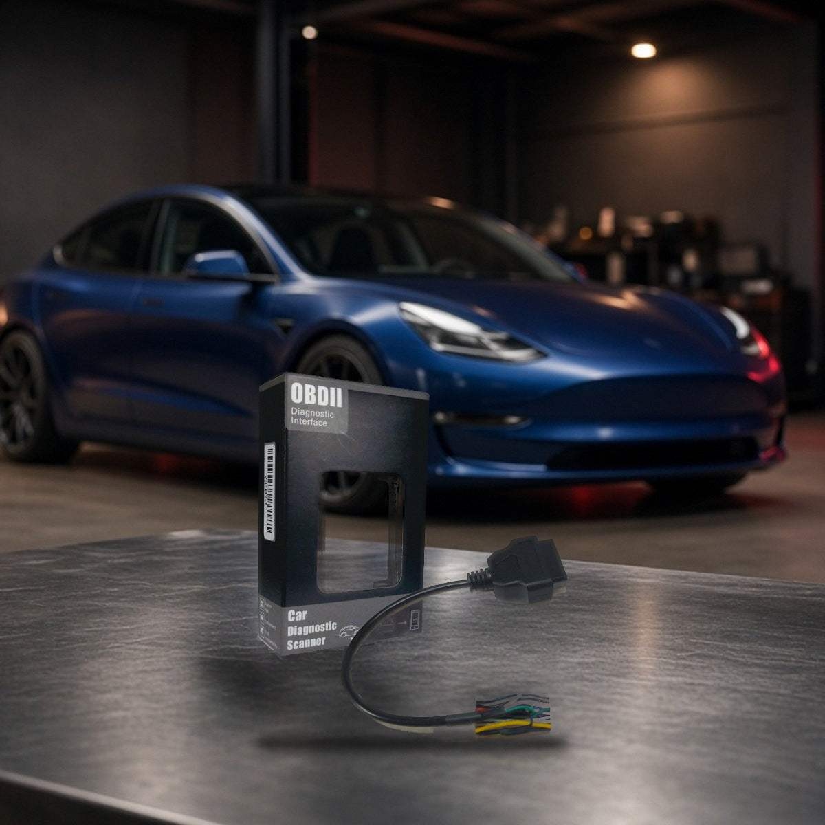 Diagnostic Adapter Scan Tool For Tesla Model 3 and Y 2019-2021 OBD2 on a garage workbench