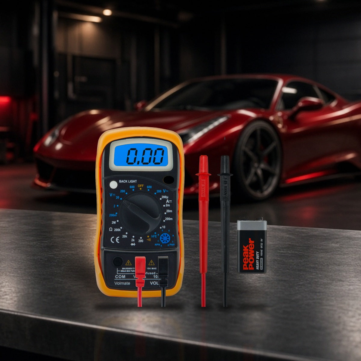 Digital Voltmeter Ammeter Ohmmeter Multimeter Volt AC DC Tester Meter on a garage workbench