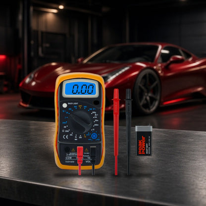 Digital Voltmeter Ammeter Ohmmeter Multimeter Volt AC DC Tester Meter on a garage workbench