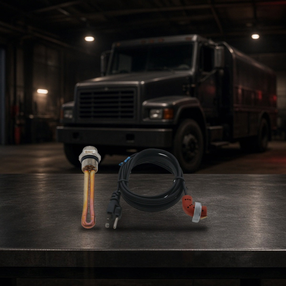 Engine Block Heater for International Navistar Maxxforce 11 & 13 on a garage workbench