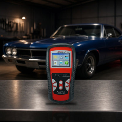 OBD2 Car Scanner Auto Diagnostic Tool Code Reader on a garage workbench