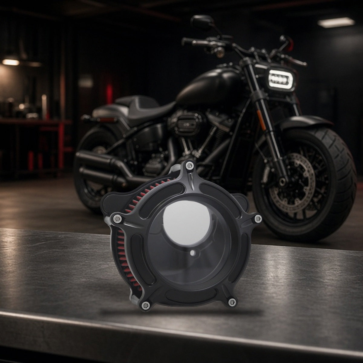 See-Through Air Cleaner Intake System for Harley-Davidson M8 Touring & Softail on a garage workbench