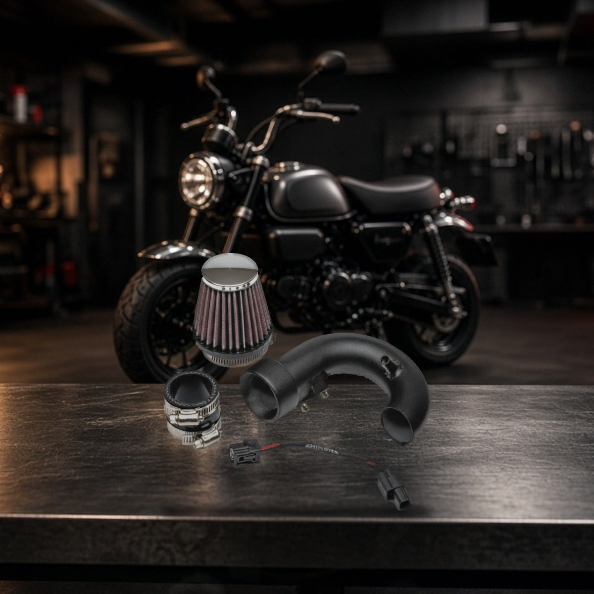 Short Ram Air Intake for Honda Monkey (2019-2021) OHC Engine on a garage workbench