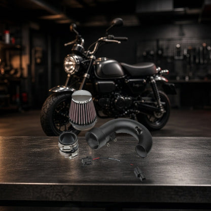 Short Ram Air Intake for Honda Monkey (2019-2021) OHC Engine on a garage workbench