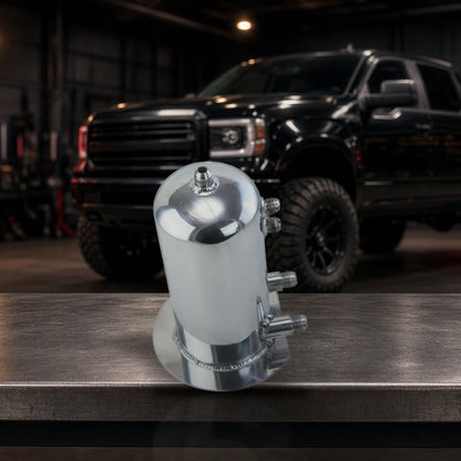 Universal Alloy Fuel Surge Tank Fuel Pump AN8 Fitting 2.5L .66 Gallon on a garage workbench