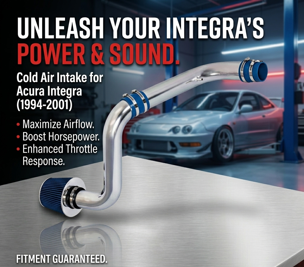 Cold air intake system for Acura Integra with promotional text in a garage setting