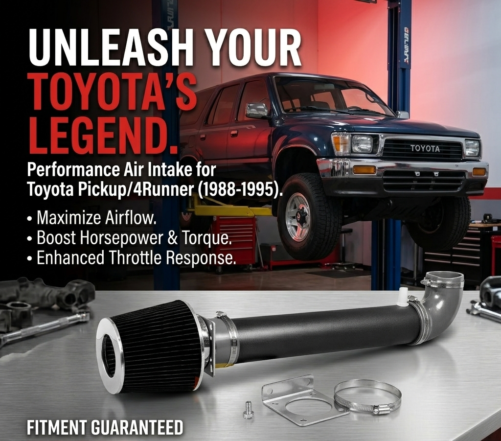 Toyota pickup truck with performance air intake system on a workshop background