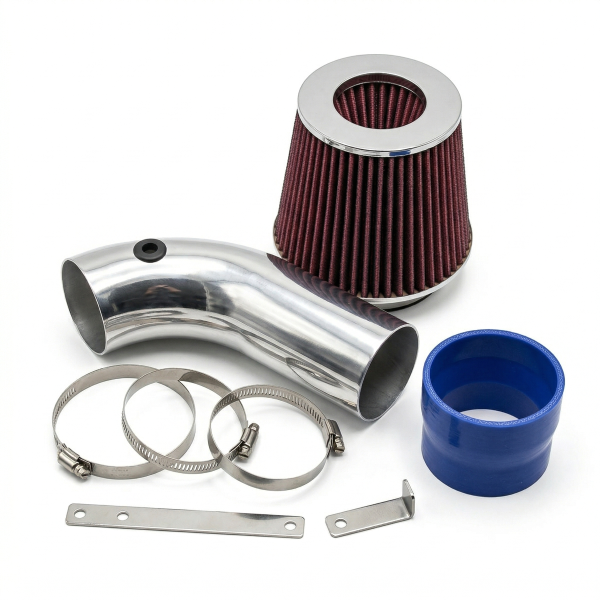 Car air intake system components including a filter, tube, and blue fitting on a white background