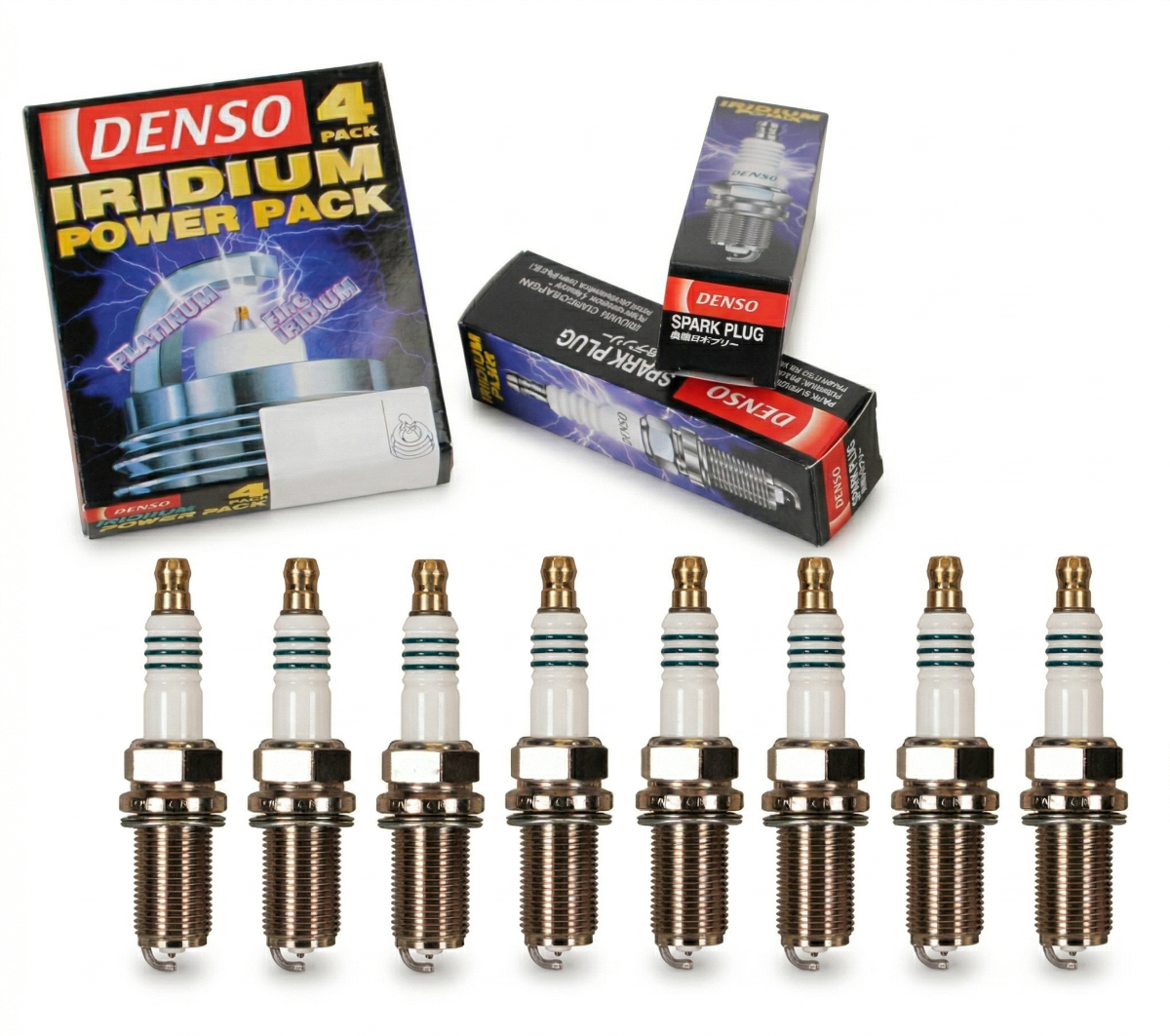 Denso iridium power pack spark plugs with packaging on a white background