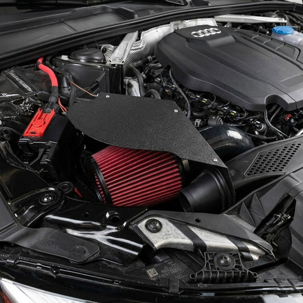 Car engine with a red air filter and Audi logo visible