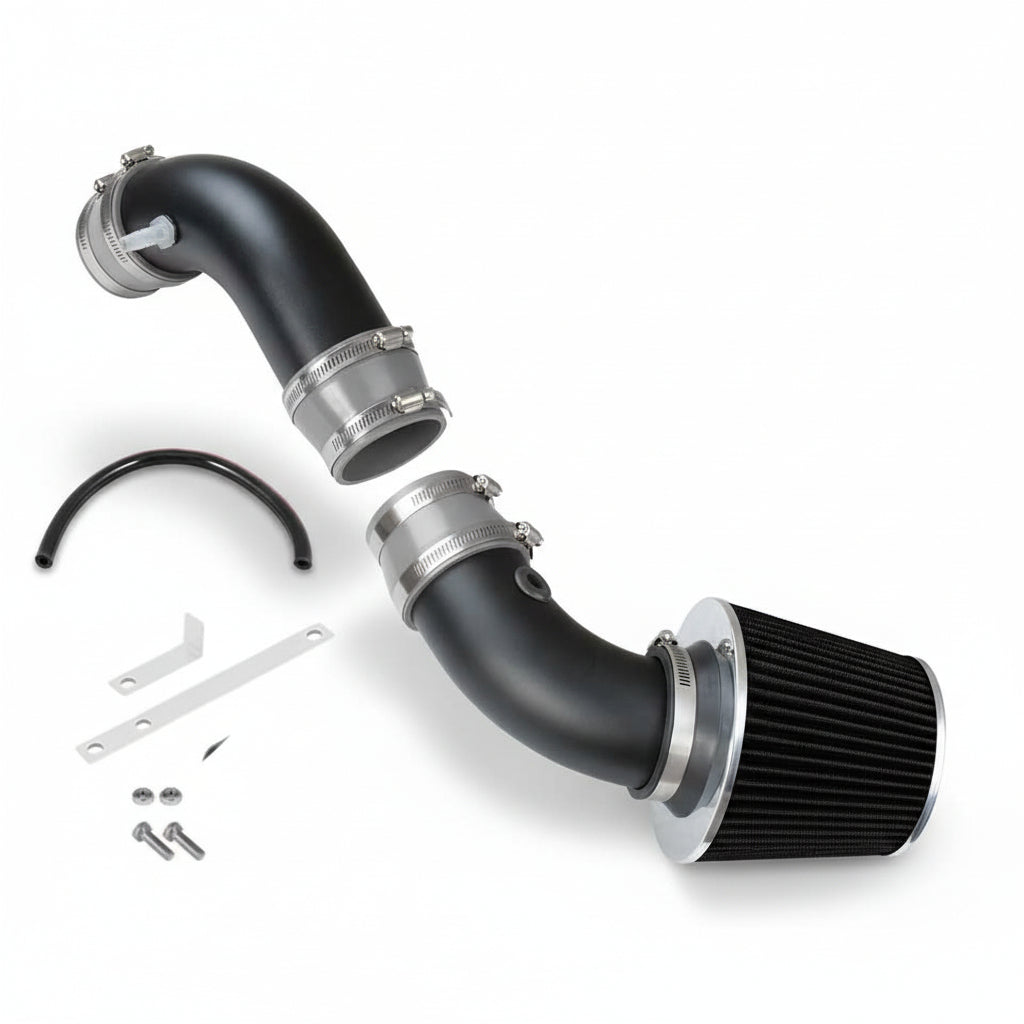 Car air intake system with black duct and filter on a white background