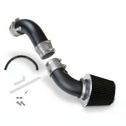 Car air intake system with black duct and filter on a white background