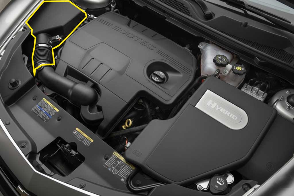 Car engine compartment with 'hybrid' label
