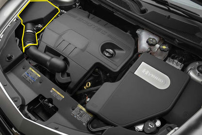 Car engine compartment with 'hybrid' label