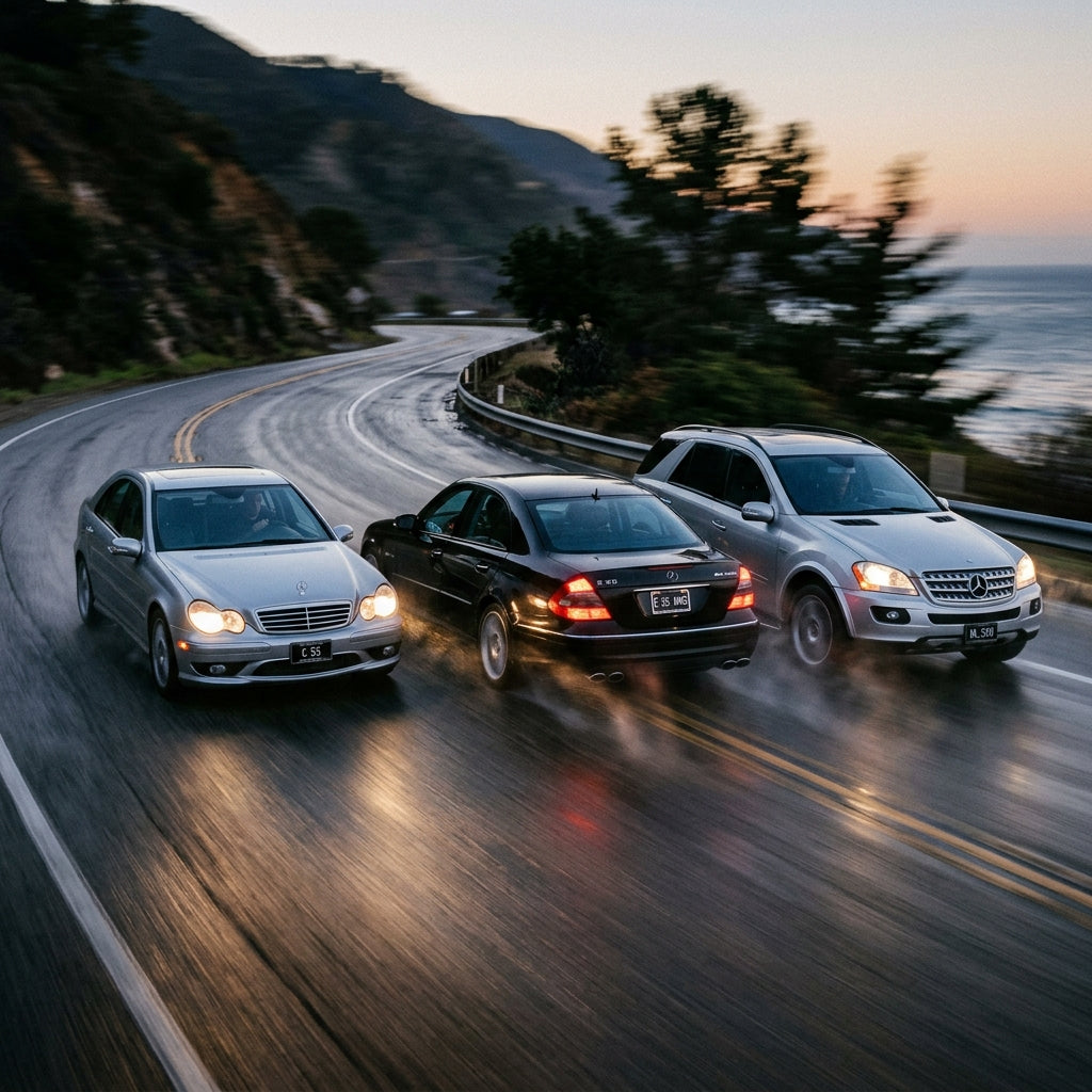 Action Shot: Mercedes Benz C-Class, E-Class, M-Class Driving Fast