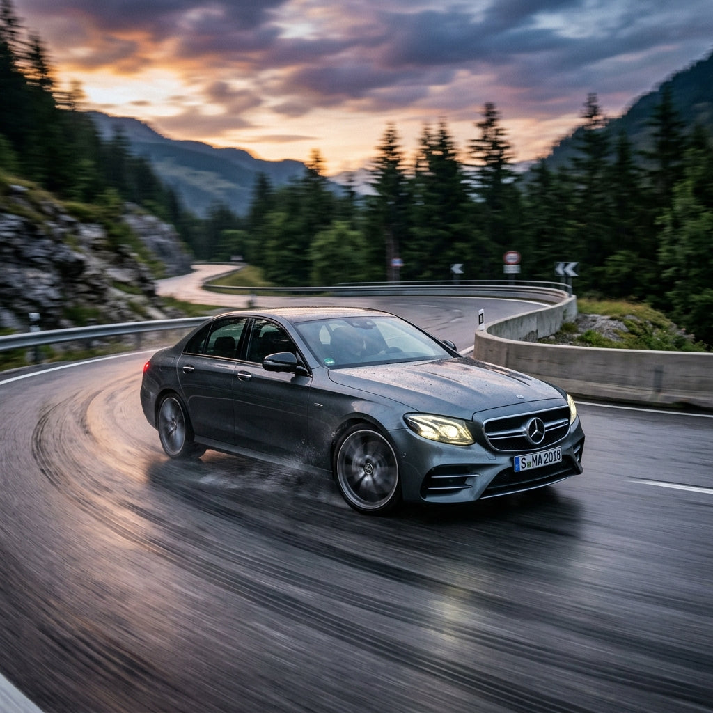 Action Shot: Mercedes Benz E-Class Driving Fast