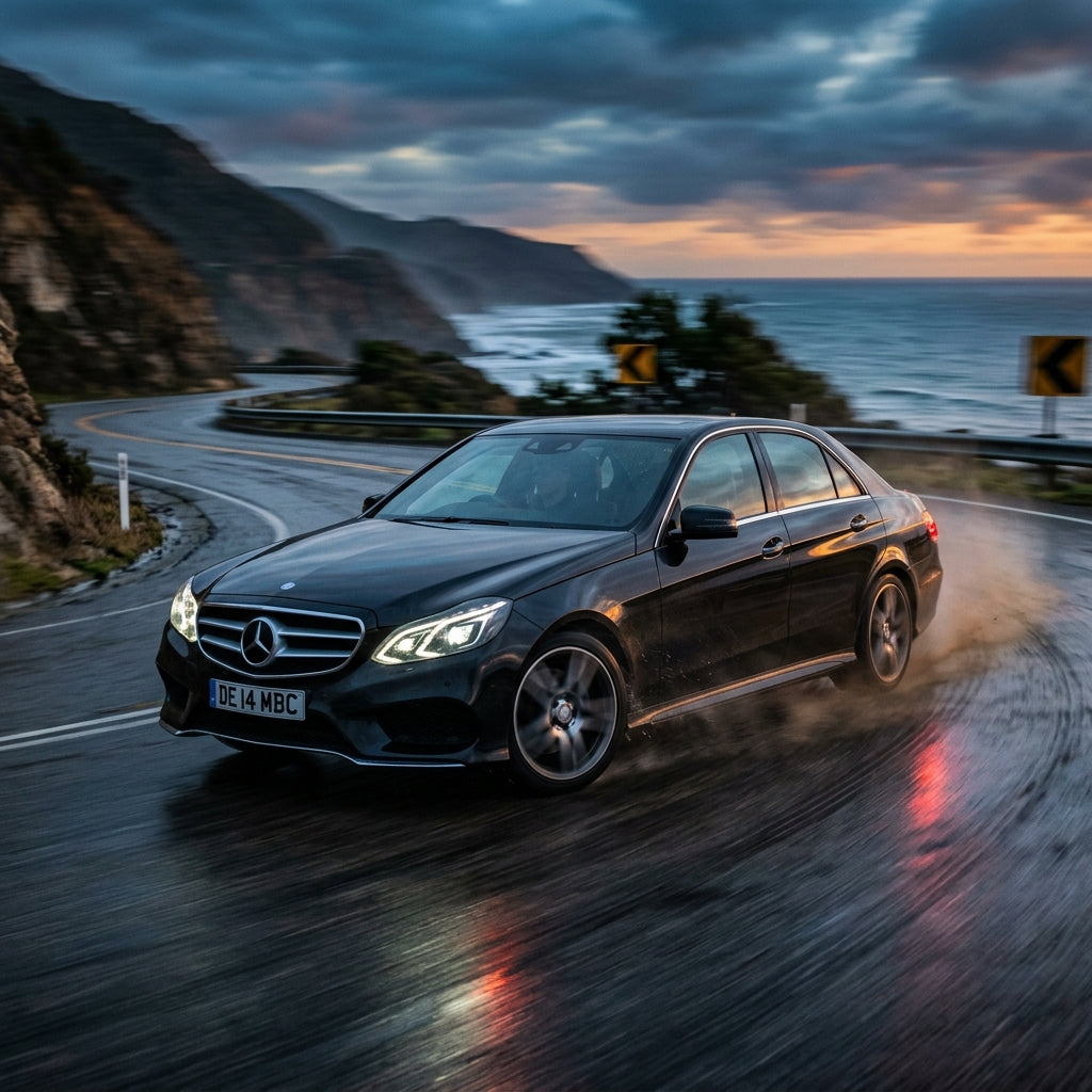 Action Shot: Mercedes Benz E-Class Driving Fast