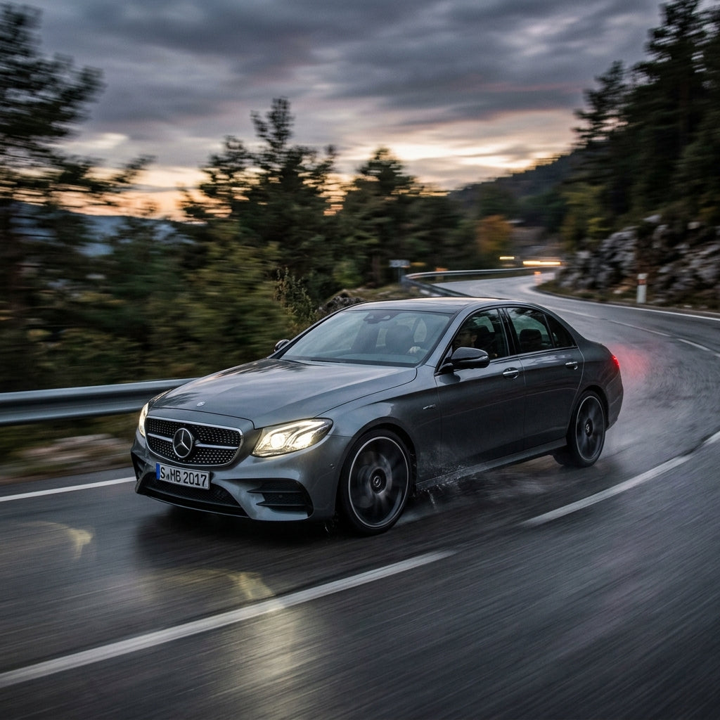 Action Shot: Mercedes Benz E-Class Driving Fast