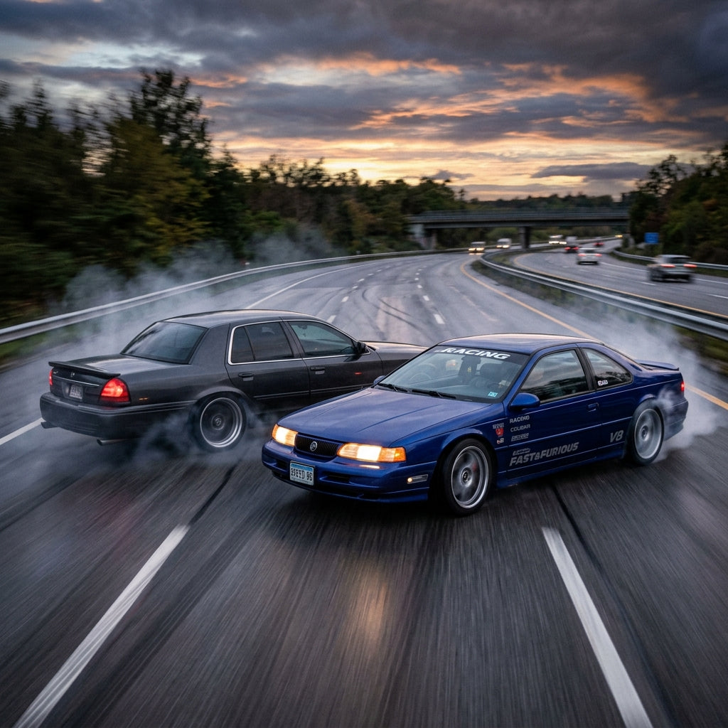 Action Shot: Mercury Cougar,Grand Marquis Driving Fast