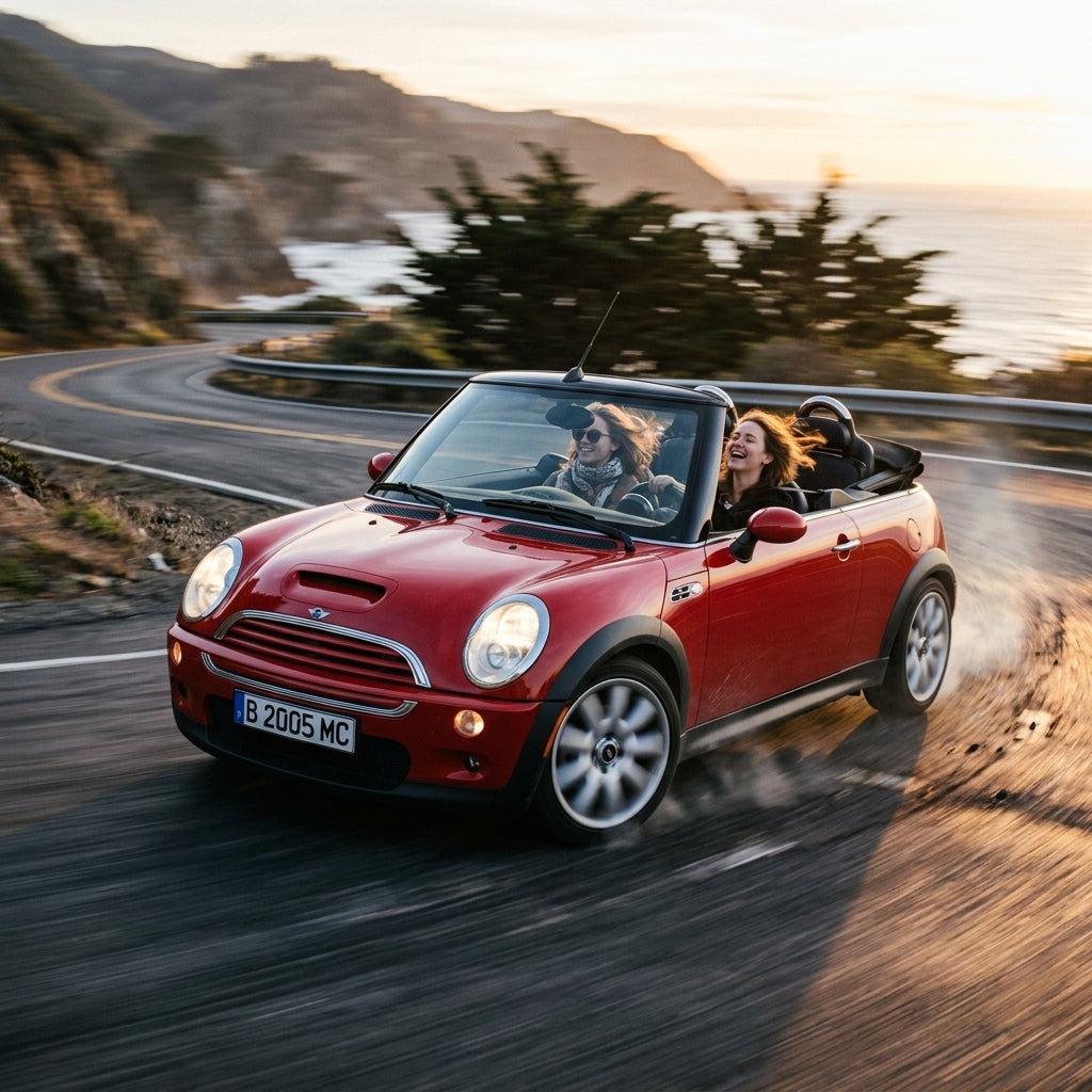 Action Shot: Mini Cooper Convertible Driving Fast