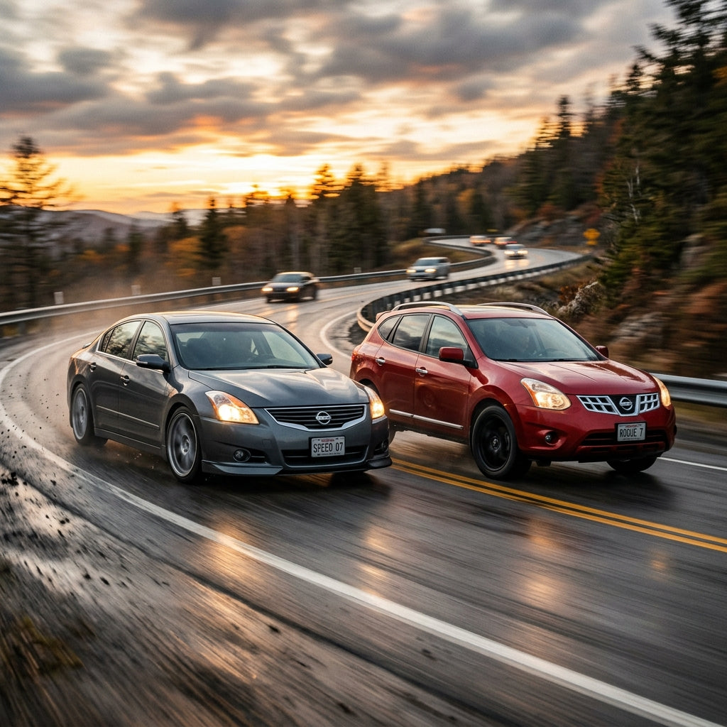 Action Shot: Nissan Altima,Rogue Driving Fast