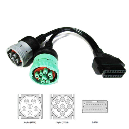 OBD2 to 6 Pin J1708 and 9 Pin J1939 Y Cable for Heavy Duty Trucks