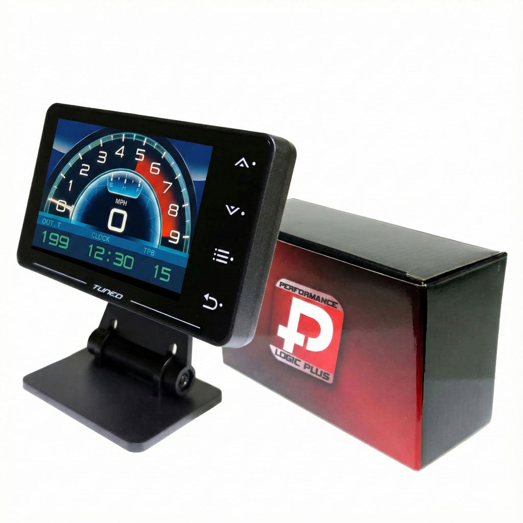 Chevy Stage 4 Performance Chip Tuner and OBD2 Monitor Device with Retail Box showing Digital Dashboard Display
