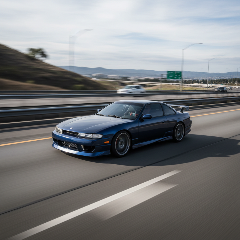 A 1:1 image of a Nissan 240SX / S14 (1995-1998) driving fast down the highway!
