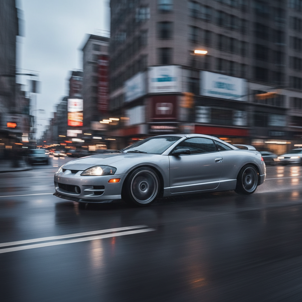 A 1:1 image square, showing a Mitsubishi Eclipse (2000-2005) with 18" custom wheels driving fast down the street showing speed