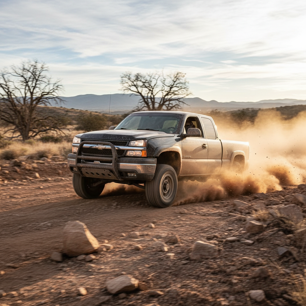 A 1:1 photo of a Chevy Silverado 2000 driving fast off road showing speed