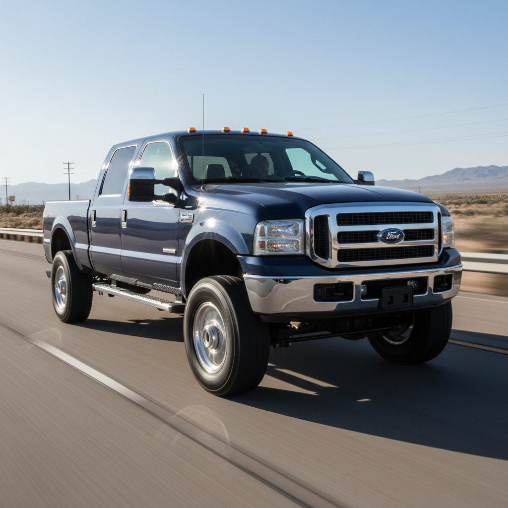 A 1:1 square image of a  F250 F350 (2003-2007) driving fast down the highway. Show Speed and strength