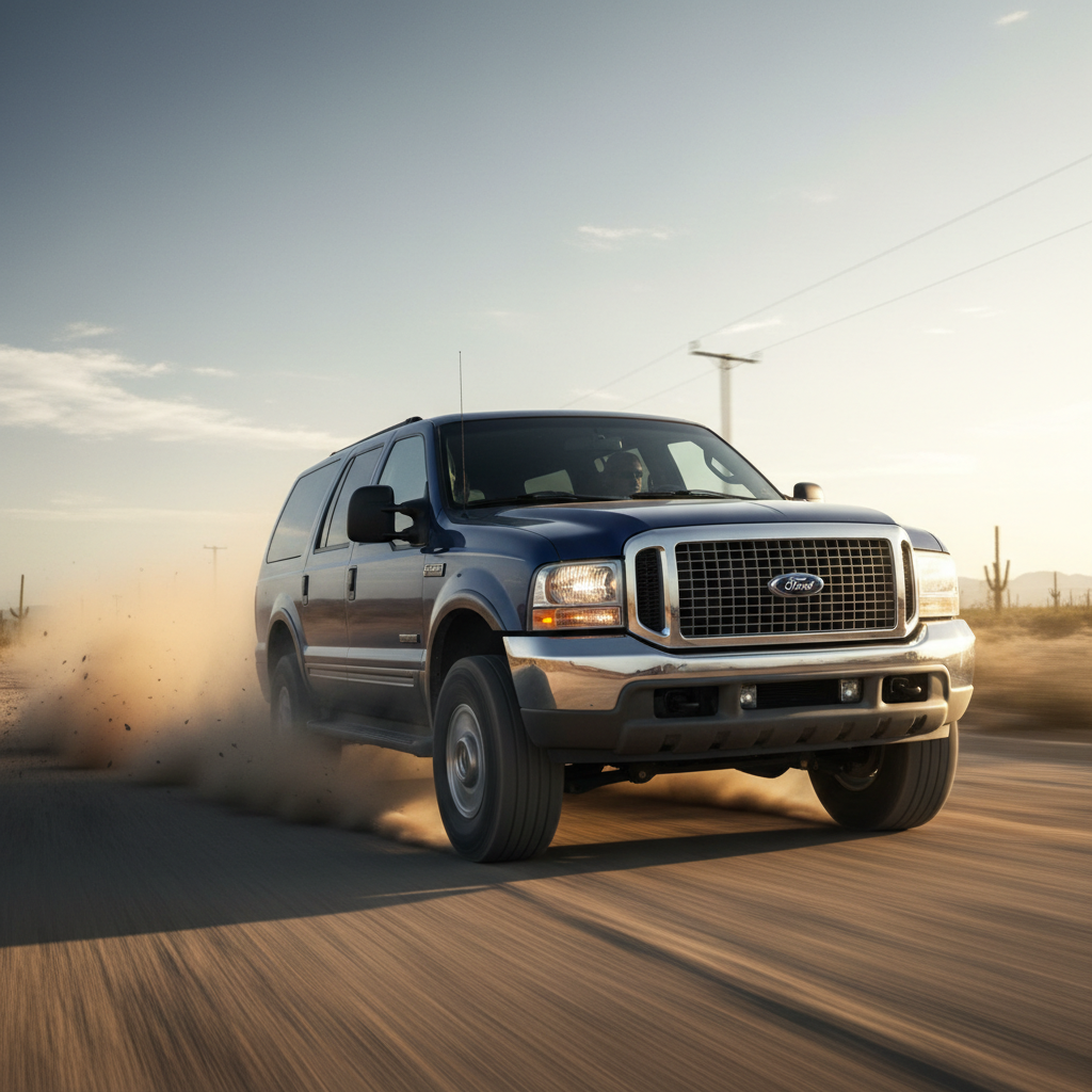 A 1:1 square image of a  Ford Excursion (2003-2005) driving fast showing speed and excitement