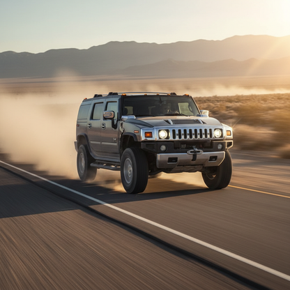 A 1:1 square image of a Hummer H2 driving fast showing speed and excitement