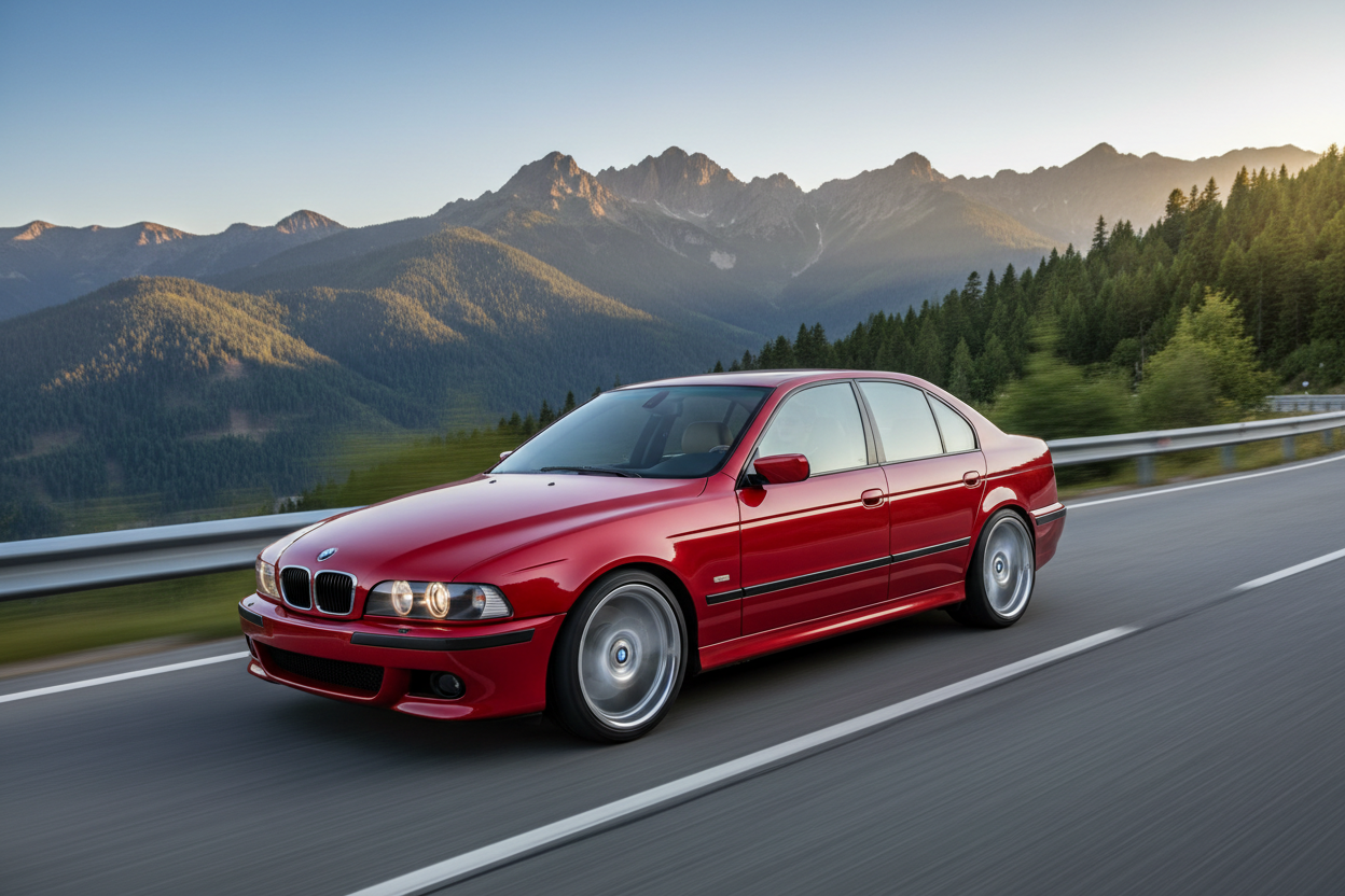 A BMW E39 5 Series driving fast through the mountains, with 18 inch aftermarket wheels. The BMW should be Red