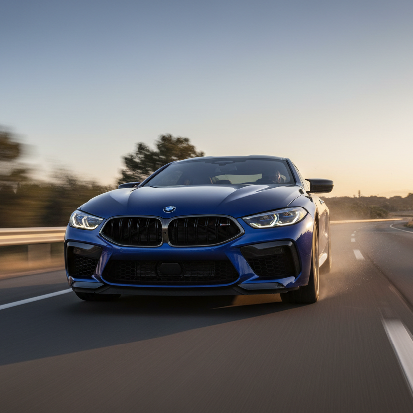 A BMW M8 driving fast showing speed and excitement