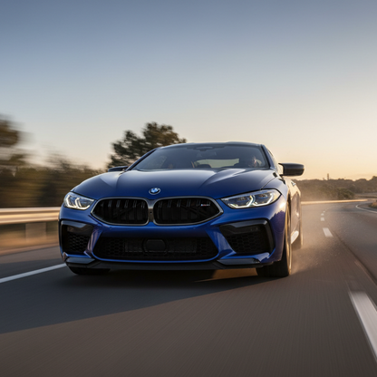 A BMW M8 driving fast showing speed and excitement