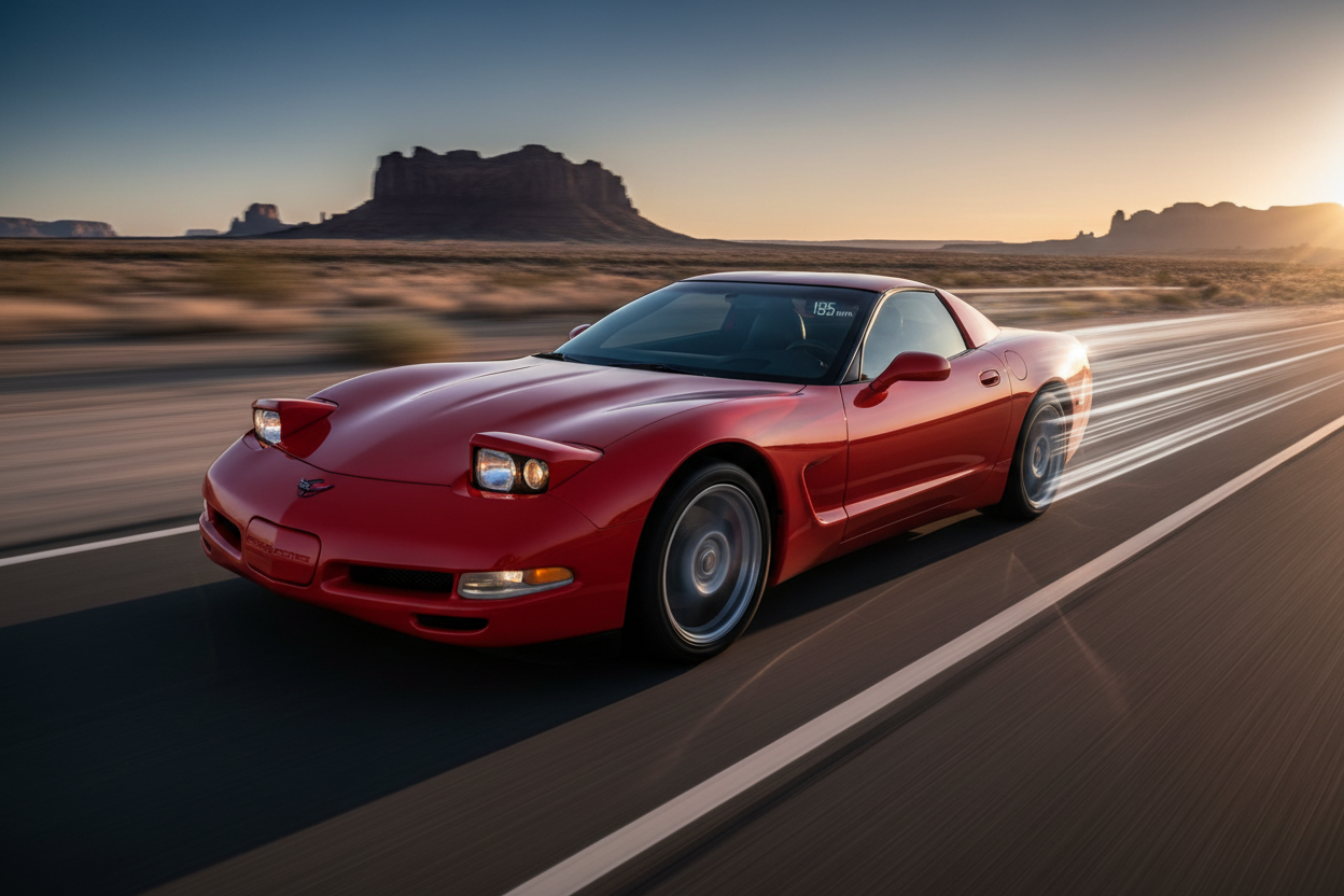 A Chevrolet Corvette 1999 driving fast showing speed