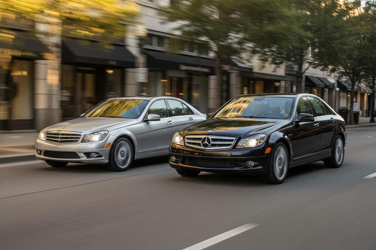 A classy photo of a C300 and C350 year 2009 driving fast down the street