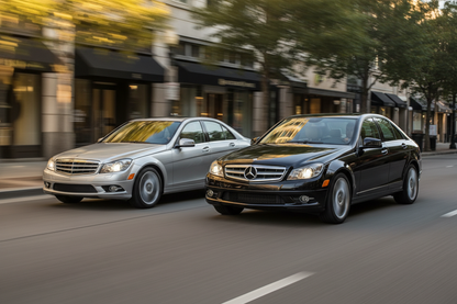 A classy photo of a C300 and C350 year 2009 driving fast down the street