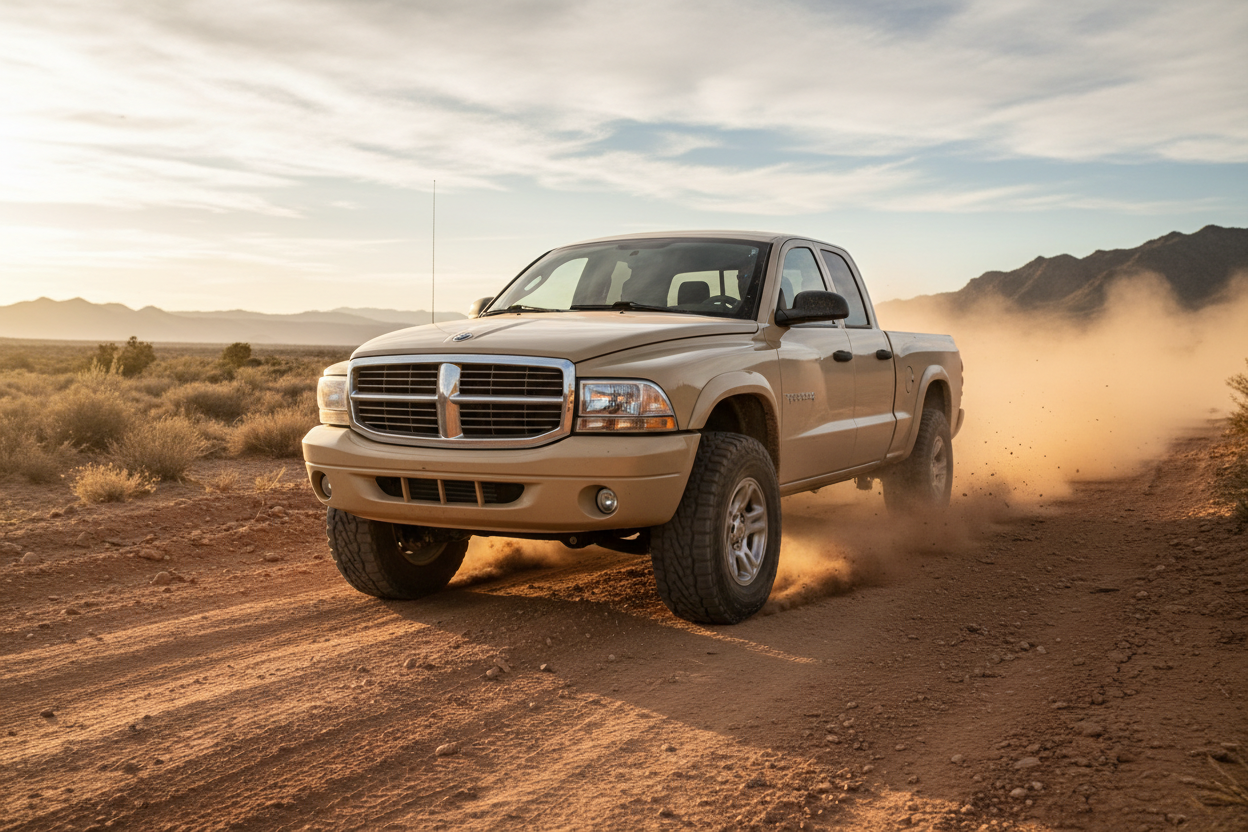 A Dodge Dakota (2003-2010) driving fast on a dirt road, with off road tires.
