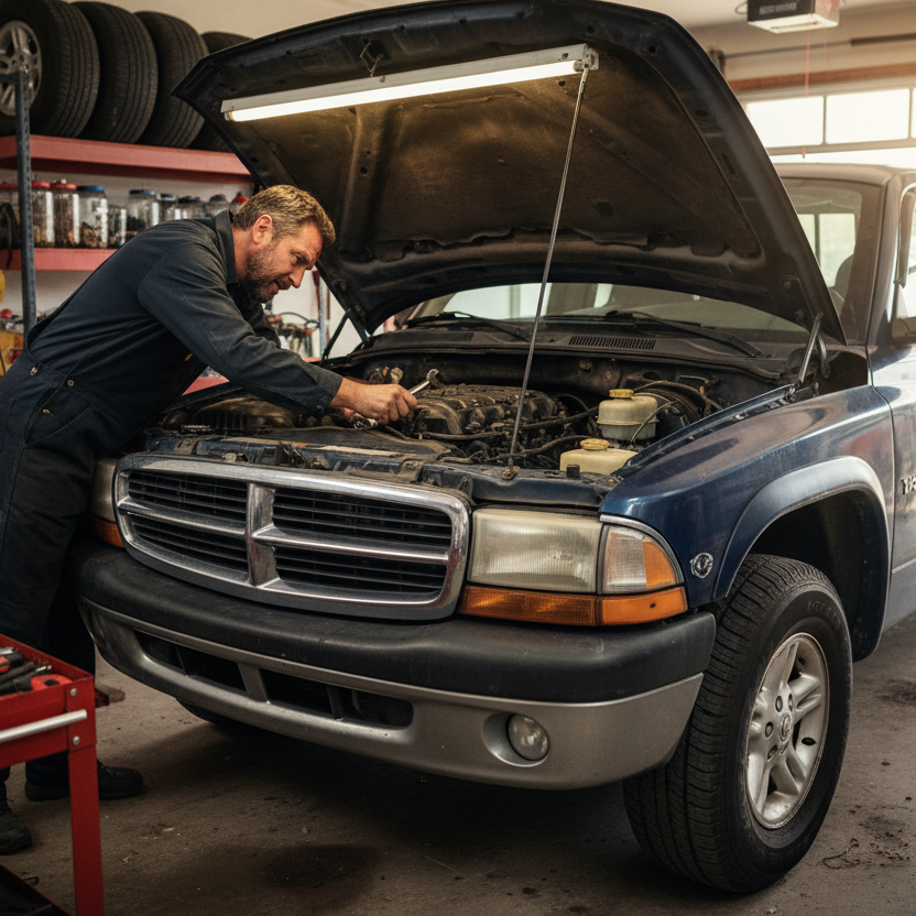 A Dodge Dakota in a garage with the hood popped open and a man working on the engine.