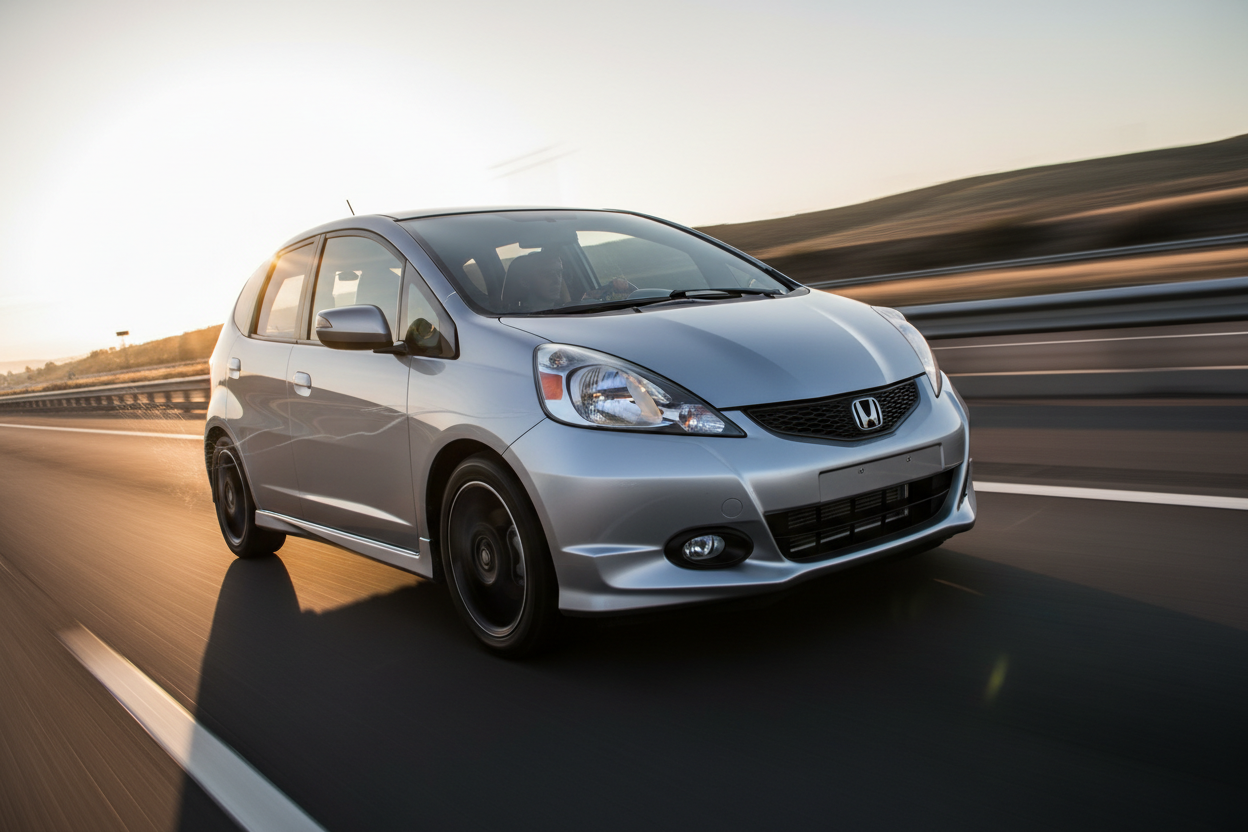 A Honda Fit 2010 driving fast showing speed and excitement