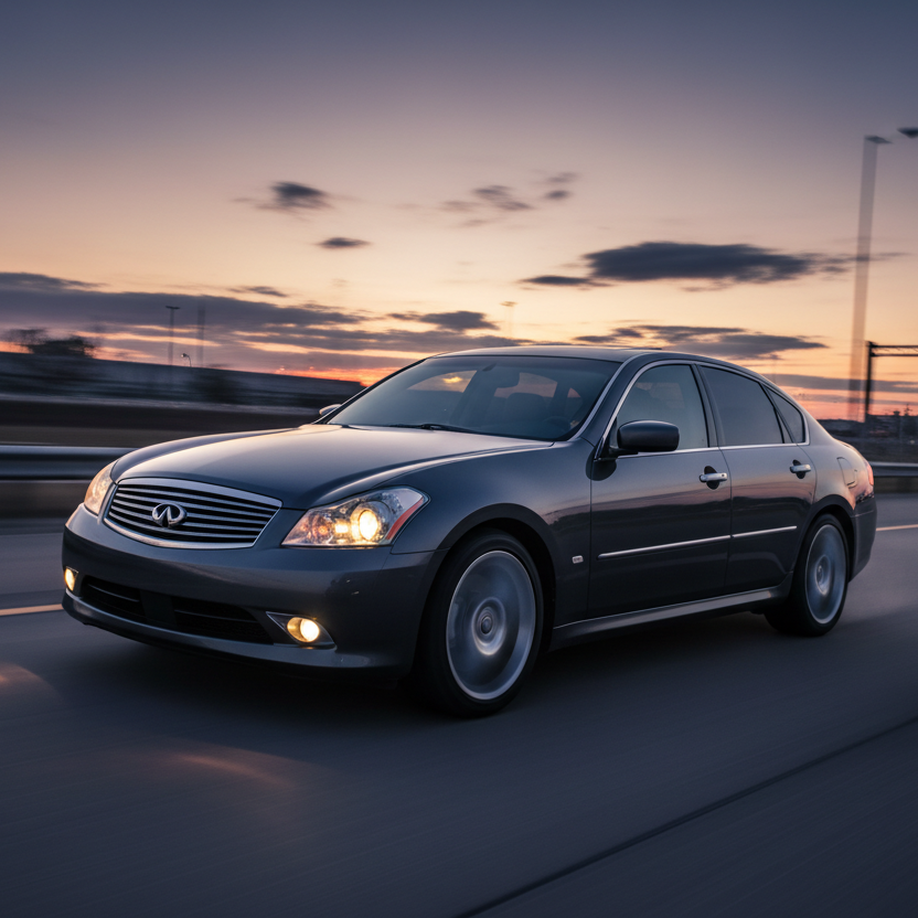 A  Infiniti M35 Sedan 3.5L (2006–2008) driving fast showing speed and excitement