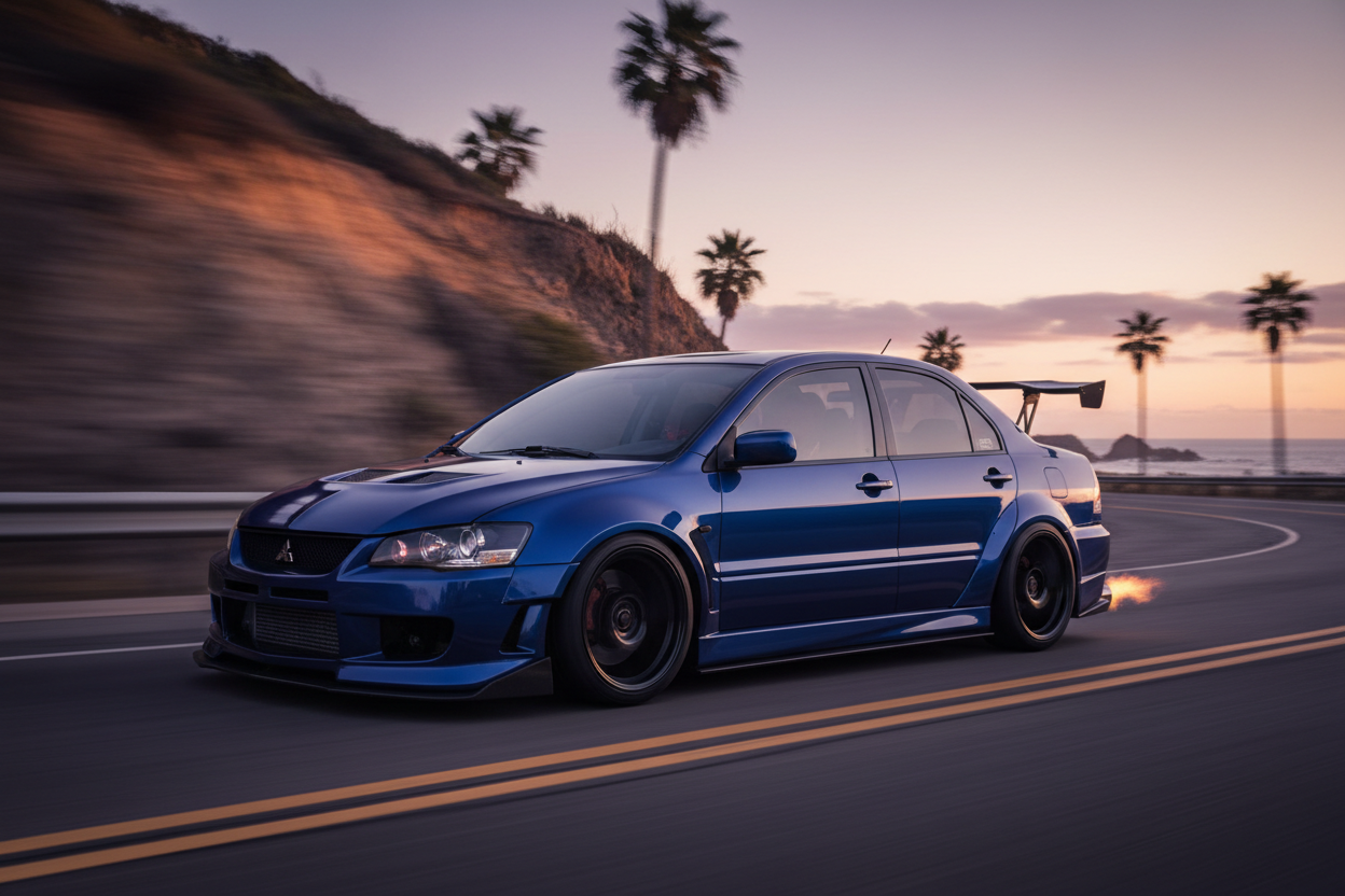A modified Mitsubishi Lancer (2002-2007) 2.0L driving fast